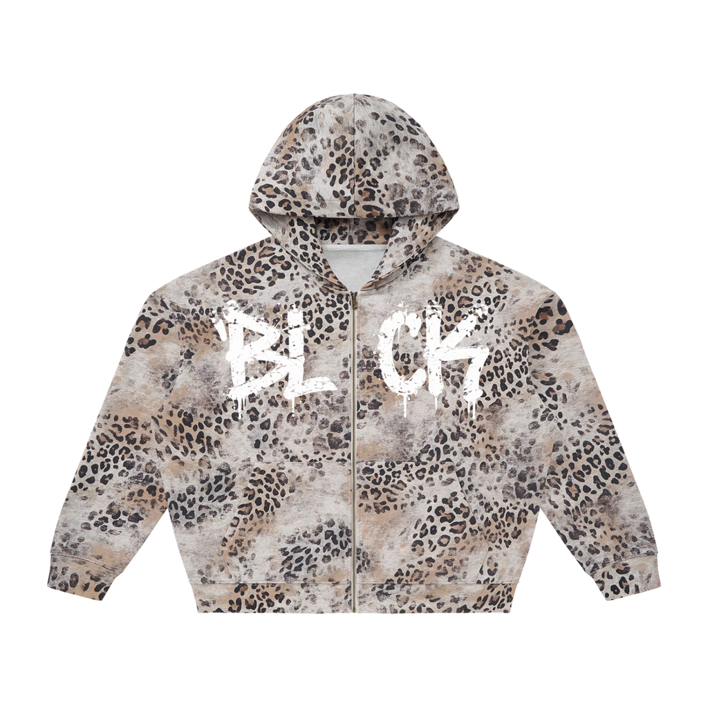 Unisex Vintage Wash Leopard Full Zip Hoodie