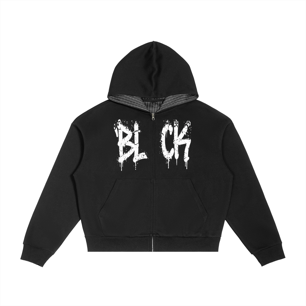 BL CK Contrast Plaid Boxy Zip Hoodie