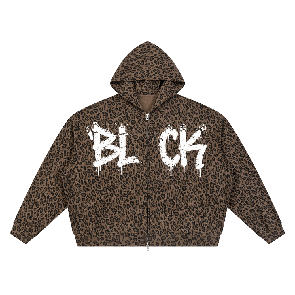 Unisex Leopard Print Waffle Full Zip Hoodie